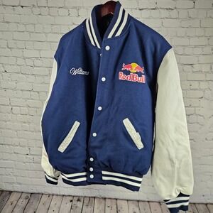 Red Bull Racing Williams Varsity Jacket Navy Wool White Leather Sleeves Mens XL